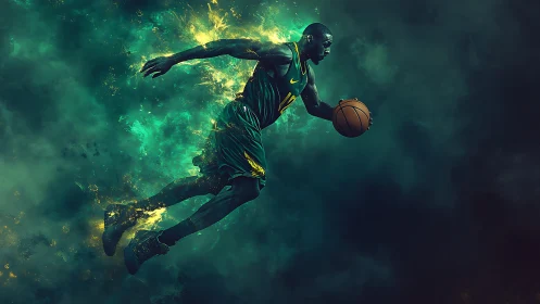 Kinetic vapor-trail basketball sprint in charged teal atmosphere.