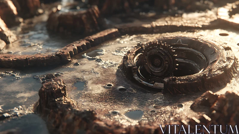 Rust tide gearscape under soft industrial sunrise light.