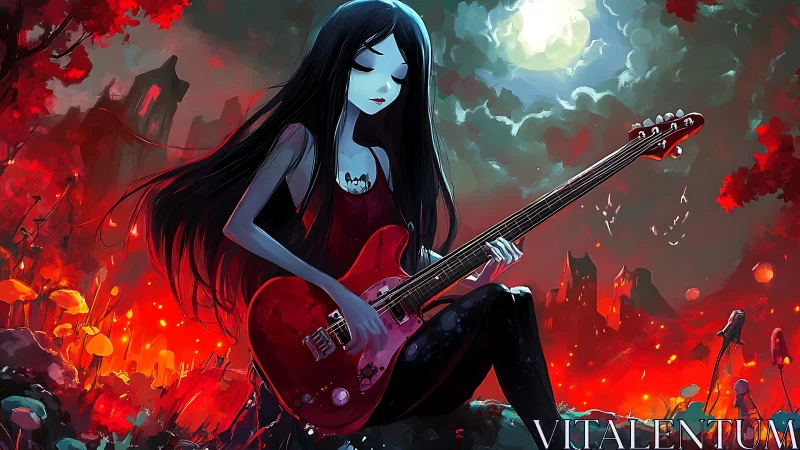 Moonlit gothic guitarist plays in fiery red fantasy landscape.