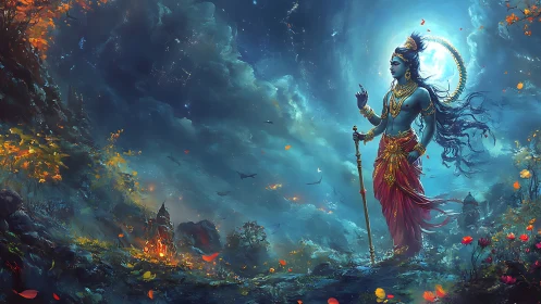 Divine blue figure walking through glowing mystical landscape.