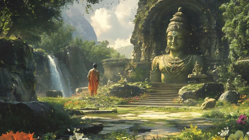 Monk approaching large stone deity in overgrown sanctuary.