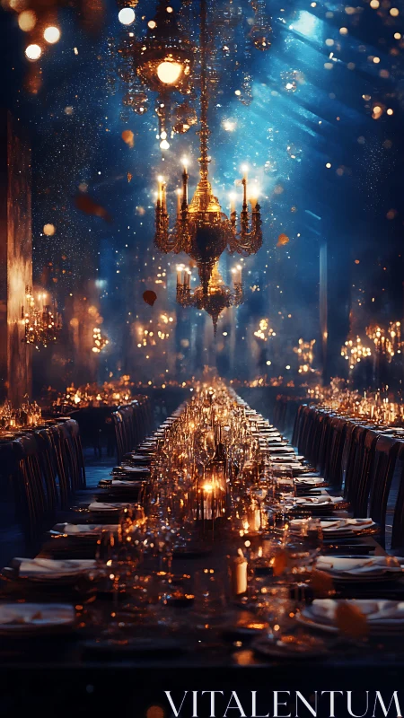 Golden chandeliers over a dreamlike midnight banquet hall.