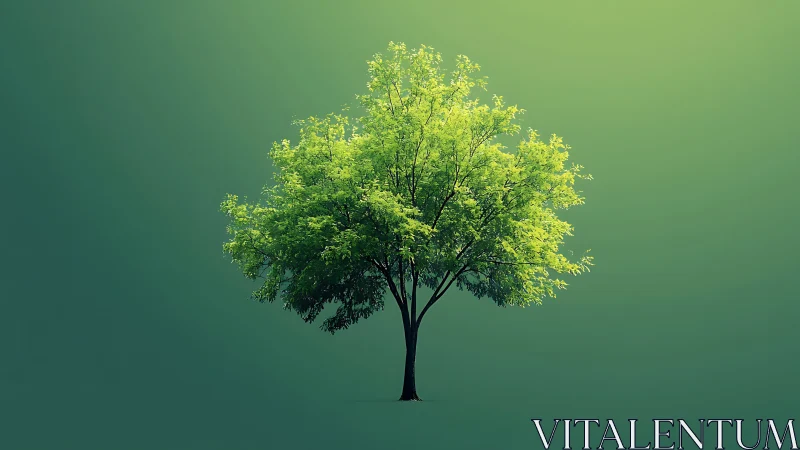 Lush Green Tree on Minimal Gradient Background, Digital Art Style.