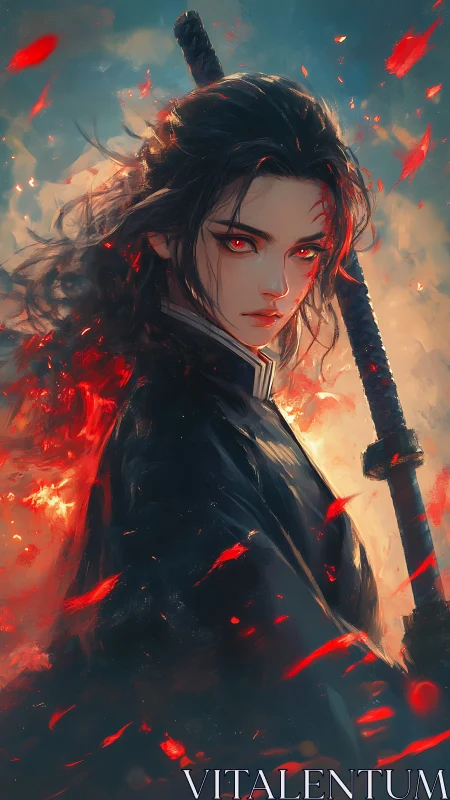 Ember-eyed sword maiden stalking through drifting fire petals.