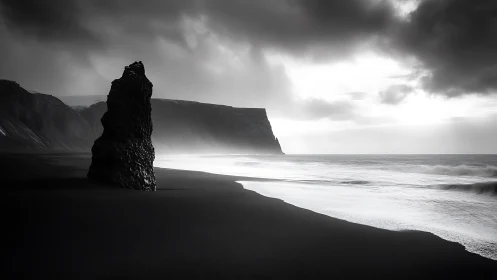 Storm-brooding monolith guards a silver-veiled black shore.