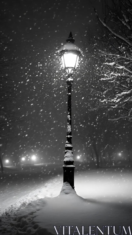 Monochrome winter lamppost in nocturnal park composition.