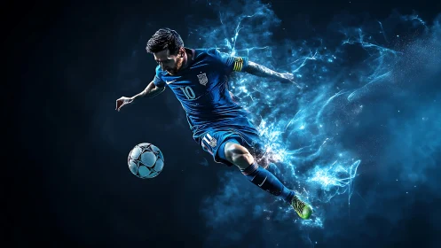 Dynamic footballer rendered with electrified motion effects