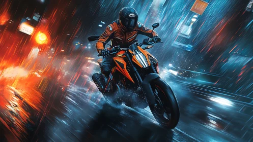 Motorcycle rider carves neon city street through heavy rain.