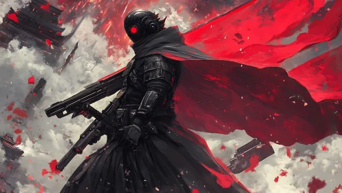 Armored techno-ronin with carbine amid storming crimson clouds.