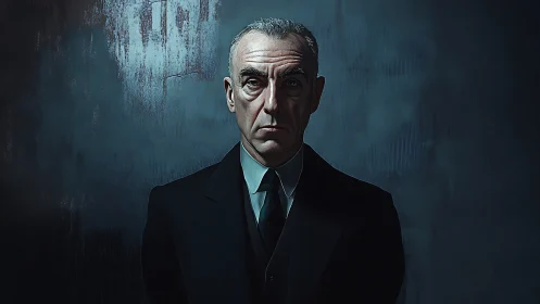 Steel-eyed elder in midnight suit under bruised blue light.