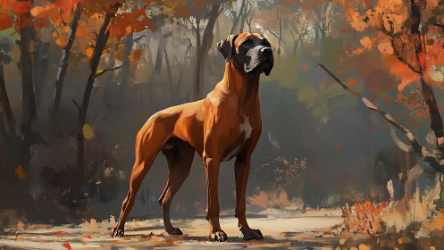 Majestic brown dog standing proud in painterly autumn woods.