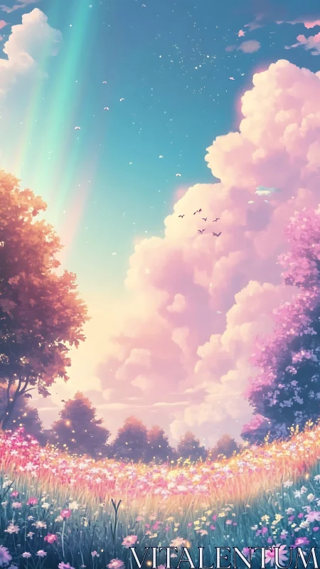 Pastel-lit meadow under volumetric clouds and atmospheric glow