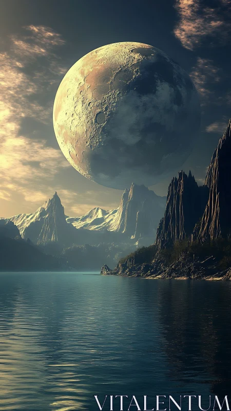 Gigantic cratered moon above icy alien mountainscape.