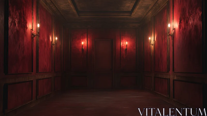 Dim scarlet corridor with closed central door and wall sconces