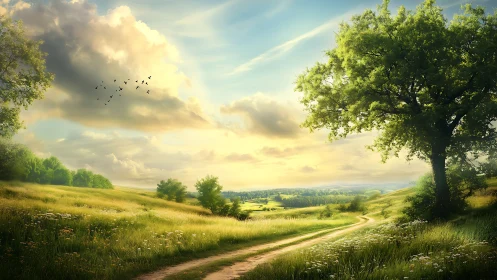 Sunlit country path curves through verdant meadows at dawn