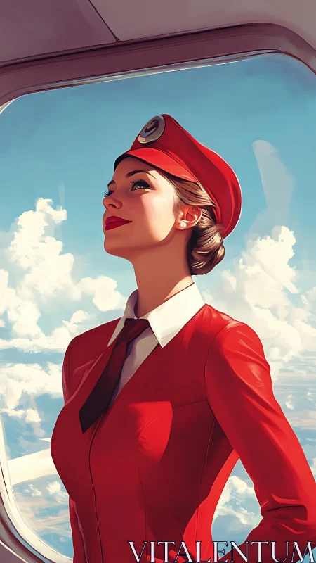 Confident flight attendant gazing toward bright open skies.