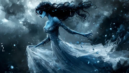 Ethereal blue specter in stormlit abyssal environment.