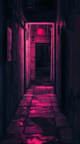 Neon-lit urban alleyway glows with moody cyberpunk light.
