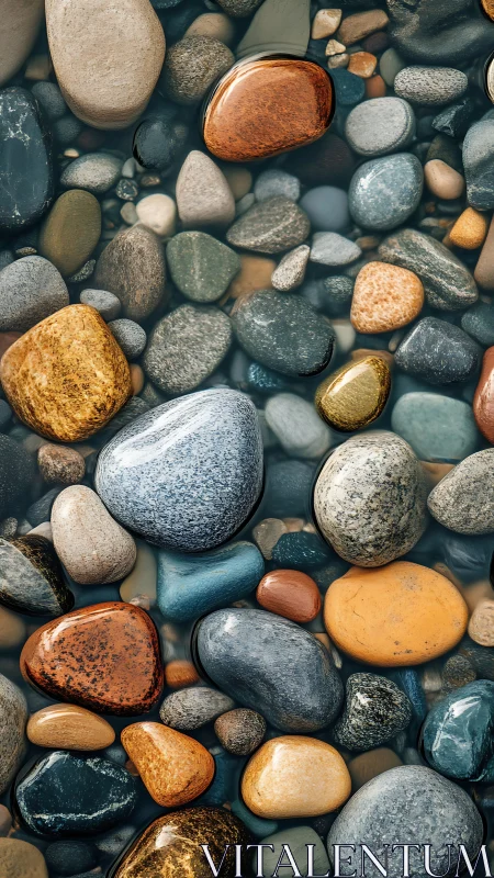 Wet river pebbles arranged tightly in shallow clear water