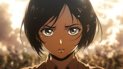 Storm-eyed anime heroine facing a sunlit battlefield horizon.