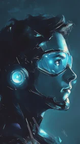 Cybernetic pilot profile in neon blue exosuit portrait.