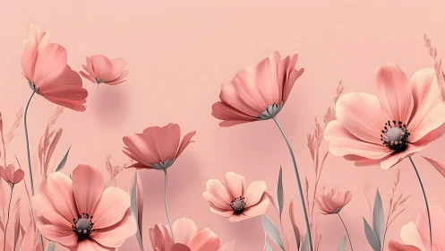 Delicate Pink Cosmos Blossoms Against Soft Background.