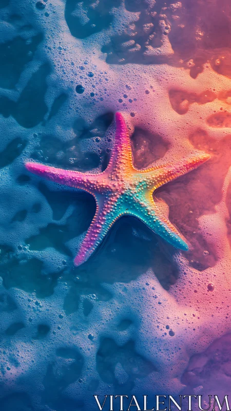 Multicolored starfish on foamy seawater surface.