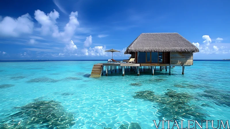 Overwater thatched bungalow in tropical turquoise lagoon.