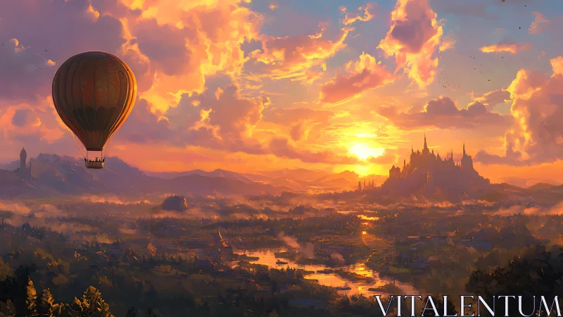 Hot air balloon crosses fantasy valley at vivid sunset sky