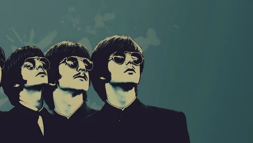 Cool retro band portrait with bold teal and gold tones.