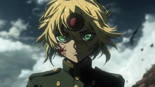 Blond anime soldier with injured face in stormy battlefield.