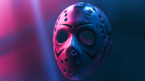 Hockey goaltender mask suspended in neon magenta and cyan light