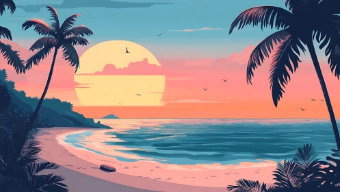 Neon-tinted tropical sunset drifting over a calm blue shore.