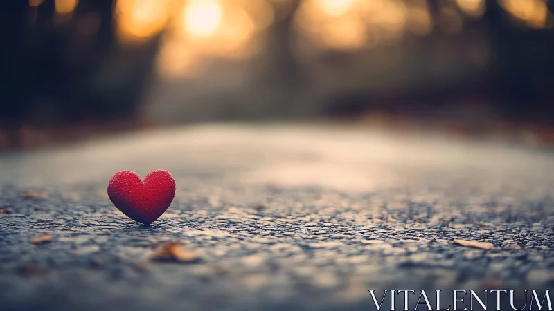 Red cardiac form resting on weathered asphalt surface with bokeh lighting