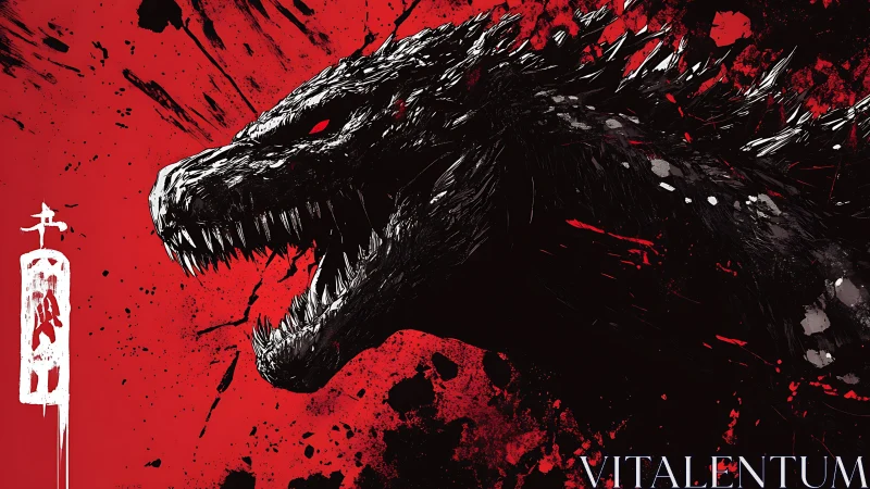 Monochrome kaiju head profile on red splattered field.