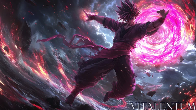 Warrior channels cosmic vortex amid erupting storm sky