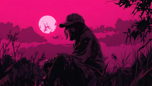 Solitary figure reflects beneath intense magenta moonlit sky.