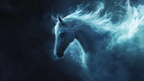 Mystical blue spirit horse emerging from swirling moonlit mist.