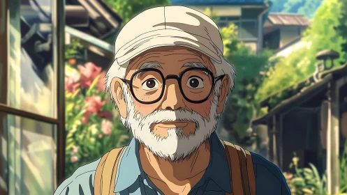 Elderly traveler portrait in serene rural anime village.