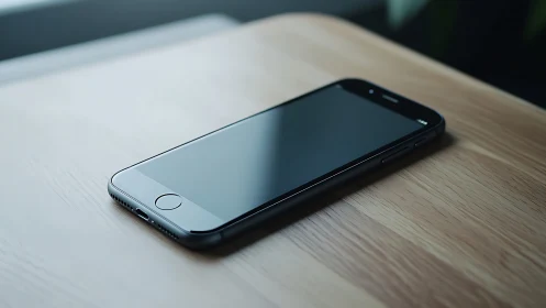 Sleek Smartphone Rests on Light Wood Table.