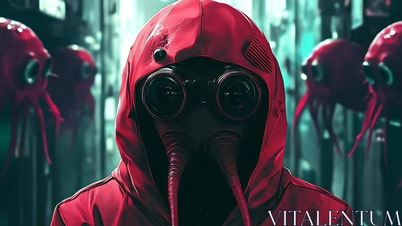 Crimson biohazard watcher amid neon jelly sentinels.