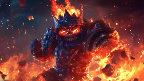 Inferno warlord stomps through molten chaos and smoldering ruin.