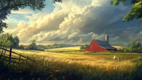 Sunlit red barn resting beneath sweeping summer clouds.