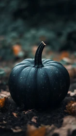 Moody teal pumpkin in soft-focus autumn forest ground.