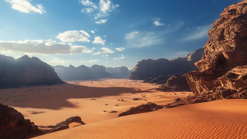 Sunlit canyon dunes drifting under a wide sapphire sky.