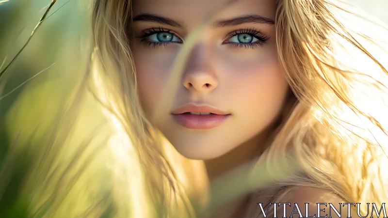 Sunlit blue-eyed muse framed in whispering meadow light.