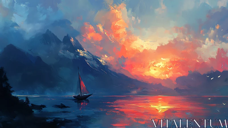 Sailboat drifts beneath wildfire skies on molten sunset bay.