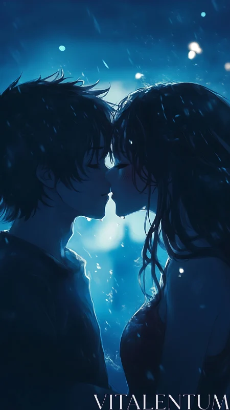 Silhouetted couple stands close in blue backlit snowfall