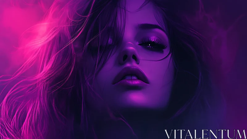 Digital female portrait uses neon magenta and violet lighting