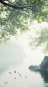 Mist veiled lakeside glows under leafy boughs at sunrise